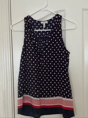 Joie Silk Navy Geometric Tank with Pink & Red Stripe Hem